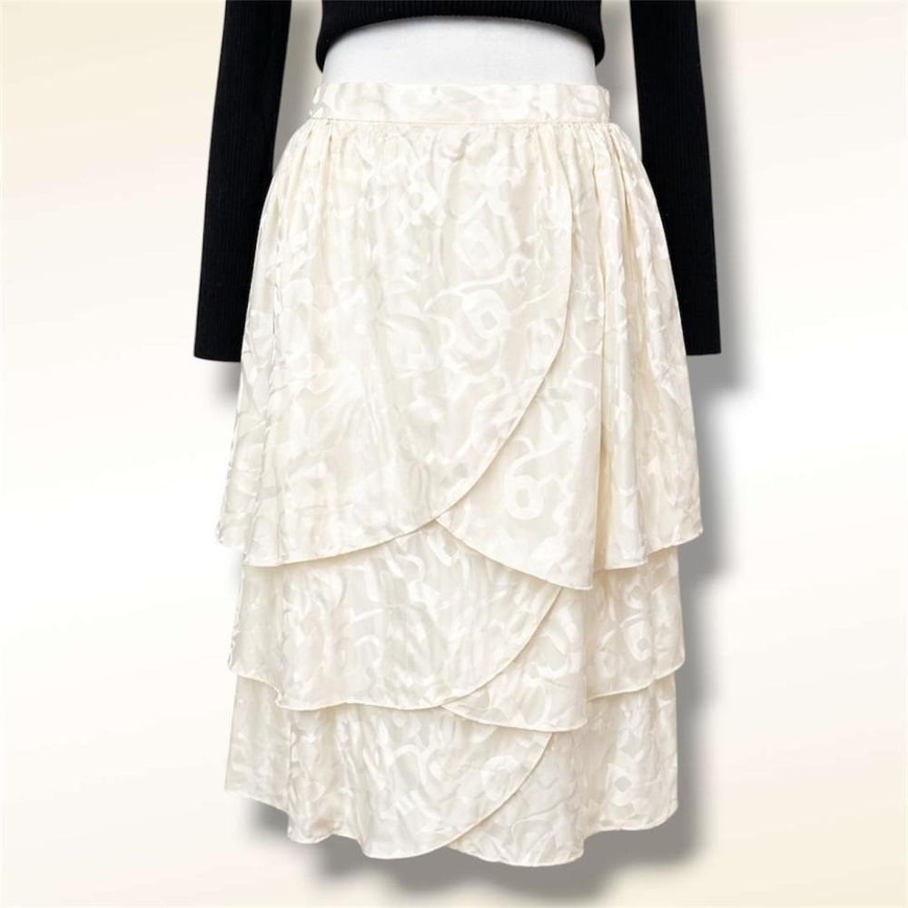 D'Ore Ivory 100% Silk Tiered Ruffle Layered Jacquard‎ Midi Skirt Size 12